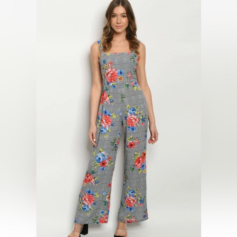 SHOP 17 NAVY CHECKERED FLORAL SLEEVELESS ROMPER JUMPSUIT WIDE LEG SIZE SMALL